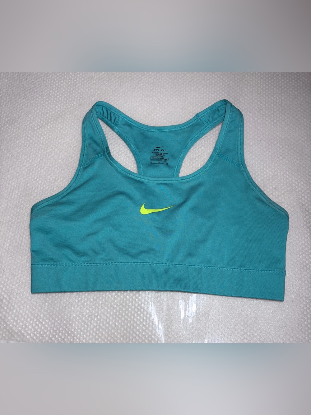 Nike Teal Sports Bra with Neon Yellow Swoosh Sz M